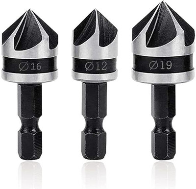 AS TOOL CENTER 3Pcs Countersink Chamfer Drill Bit Set, 90 Degree Chamfering Countersink Bits with 1/4Inch Hex Shank, 12mm 16mm 19mm