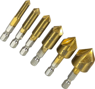 Digital Craft 6Pcs HSS Titanium Coated Countersink Drill Bits 6mm-19mm 5-Flute 90° Center Punch Tool Hex Shank Woodworking Deburring Set