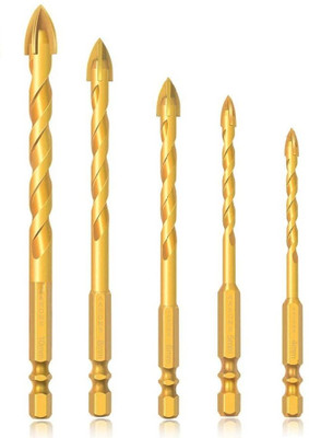 AASONS Cross Spear Head Tip 5 Pieces Ceramic Tile Set ¼” Hex Shank Drill Bits Tungsten Carbide Masonry Hole Drilling (Sizes 4/5/6/8/10mm)