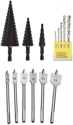 Digital Craft 3Pc Titanium HSS Step Drill Set,5Pc Masnory Drill Bit,6Pc Flat Wood Bit Set 4-12/4-20/4-32mm Hss Step Drill Bit Black Coated Cone Hole Cutter Metal Drill