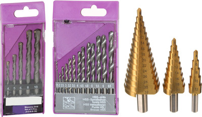 Digital Craft 13 PCS Round Shank Coated HSS Titanium Twist Drill Bit Set 1.5-6.5mm Metal Wood Drill 5pcs Masonry Drill Bits Tungsten Carbide Tipped Concrete Drilling Set Size 4/5/6/8/10mm Power Tool Accessories HSS Titanium Coated Stepped Drill Bit Set For Metal High Speed Steel Drilling 4-12/20/32m