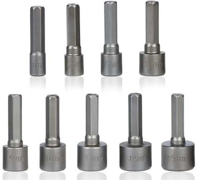 KMECOMM 9Pcs/Set Hex Socket Sleeve Nozzles Nut Driver Set Drill Bit Adapter Shank size: 1 / 4 inchScrewdrivers nut driver socket machine repairing