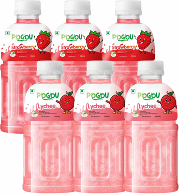 POGOU Strawberry & Lychee juice with NATA De Coco-Energy Drink | Real Natural Taste(6 x 330 ml)