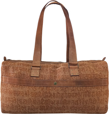 MANDAVA Washed Jute & Leather Unisex Travel Duffle Bag, Shoulder Weekender Overnight Bag Duffel Without Wheels