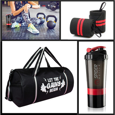 ANANYA ENTERPRISES Combo for Black Gym Bag, Red Bottle shaker 600ml & red Wrist Support Band Gym Duffel Bag