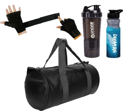 TRUE INDIAN Gym Duffle Bag Black Leather Bag Shaker Bottle Sipper Gym Gloves with Long Strap Gym Duffel Bag