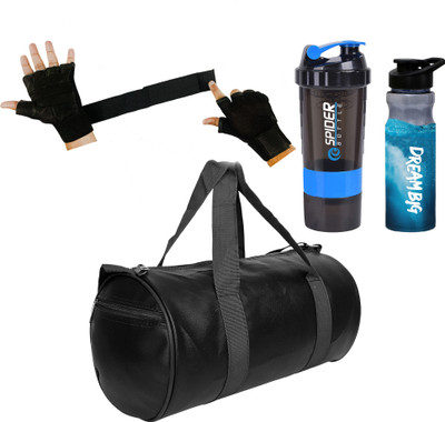 TRUE INDIAN Gym Duffle Bag Black Leather Bag Shaker Bottle Sipper Gym Gloves with Long Strap Gym Duffel Bag