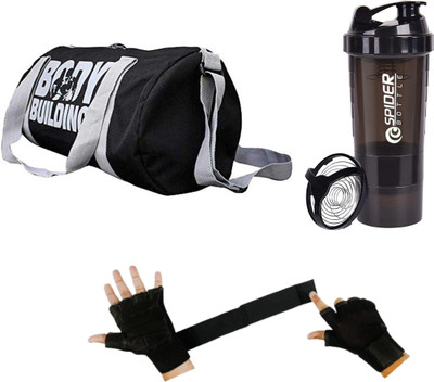 peakpack Sports Gym Bag for Men Combo Black Body Building Gym Bag, Black Gloves, Gym Duffel Bag