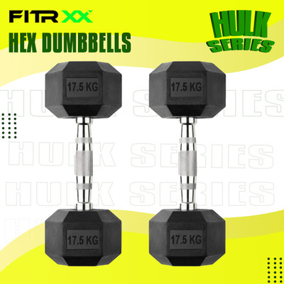 FITRXX Hex Rubber Coated Professional Exercise Gym Dumbbell Hulk Series 17.5kg pair Fixed Weight Dumbbell(17.5 kg)