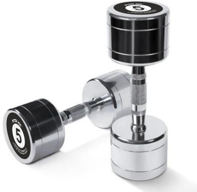 FITRXX Pair of 5 kg Steel Chrome Dumbbells || Round Shape Iron Dumbbell Set (5kg x 2) Fixed Weight Dumbbell(5 kg)