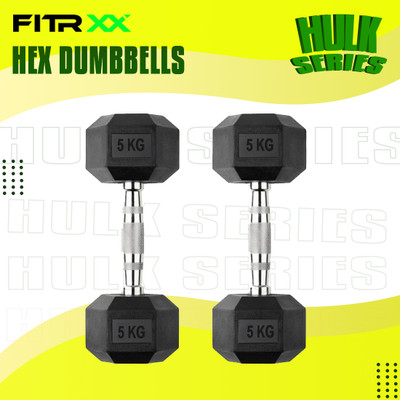 FITRXX Hex Rubber Coated Professional Exercise Gym Dumbbell Hulk Series 5 kg pair Fixed Weight Dumbbell(5 kg)