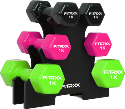 RAWFIT Vinyl Dumbbells With Stand | Multicolor, (Multicolor 1 kg, 1 kg, 1 kg = 6 Kg) Fixed Weight Dumbbell(6 kg)
