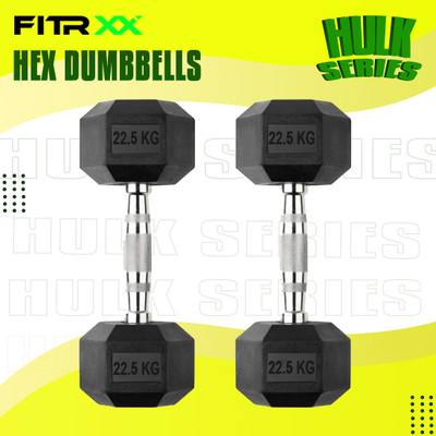 FITRXX Hex Rubber Coated Professional Exercise Gym Dumbbell Hulk Series 22.5kg pair Fixed Weight Dumbbell(22.5 kg)