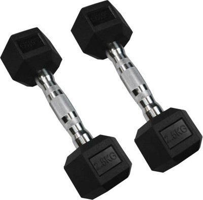 HouseOfCommon Hexa Rubber Dumbbells|Chromium Plated Rods|Heavy Duty Dumbbell Pair (5kg) Fixed Weight Dumbbell(5 kg)