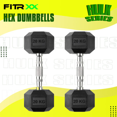 FITRXX Hex Rubber Coated Professional Exercise Gym Dumbbell Hulk Series 20 kg pair Fixed Weight Dumbbell(20 kg)