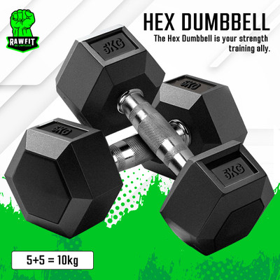 RAWFIT Rubber Coated Hexa Dumbbell Set For Men & Women| 5 KG Pair Fixed Weight Dumbbell(5 kg)
