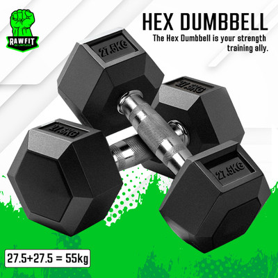 RAWFIT Rubber Coated Hexa Dumbbell Set For Men & Women| 27.5 KG Pair Fixed Weight Dumbbell(27.5 kg)