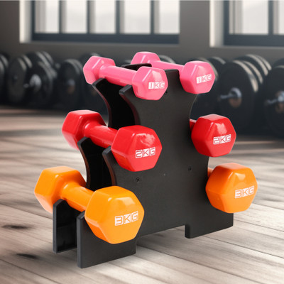 Cult Vinyl Dumbbells with Stand Combo Set for Exercise (1kg + 2kg + 3kg) Fixed Weight Dumbbell(12 kg)