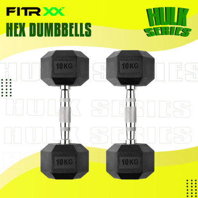 RAWFIT Hex Rubber Coated Professional Exercise Gym Dumbbell Hulk Series 10 kg pair Fixed Weight Dumbbell(10 kg)