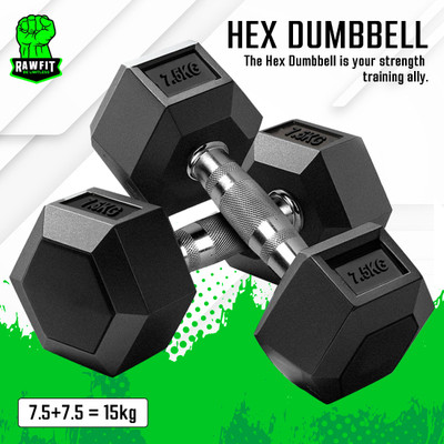 RAWFIT Rubber Coated Hexa Dumbbell Set For Men & Women| 7.5 KG Pair Fixed Weight Dumbbell(7.5 kg)