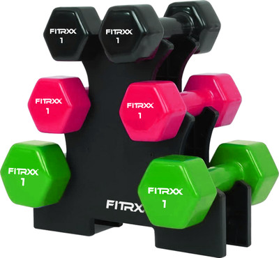 FITRXX Vinyl Dumbbells With Stand | (1 kg, 1 kg, 1 kg = 6 Kg) Fixed Weight Dumbbell(6 kg)