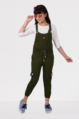 MYKUKI Dungaree For Girls Party Solid Cotton Blend(Dark Green, Pack of 1)