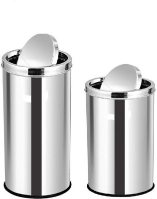 Mofna Stainless Steel Swing Dust Bin,(12x28 Inch, 60 Liter and 10x24 Inch,30 Liter (Set of 2) Garbage Bin with Removable Lead Round Shape Silver Colour Slim and Fingerprint-Proof Finish use for - Home, Kitchen,Office, Stainless Steel Dustbin(Silver, Pack of 2)