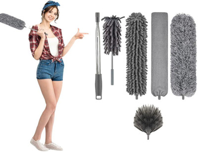 DZOVAG Stainless Steel 5 In 1 Duster Microfiber Feather Duster 6Pcs Bendable Wet and Dry Duster Set