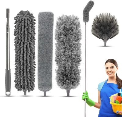 DVH 4in1 Microfiber Feather Extendable & Bendable Duster with Long Extension Pole Wet and Dry Duster Set