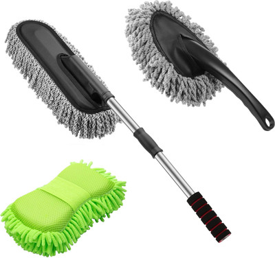 HM EVOTEK 1 Microfiber Washing Sponge & 1 Microfiber Car Cleaning Duster with Long Handle Wet and Dry Duster Set(Pack of 3)