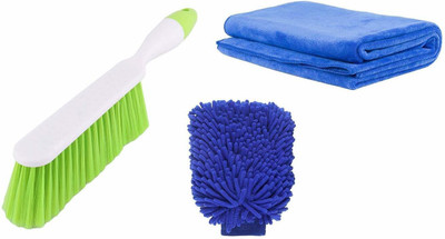 Aloud Creations Plastic Combo Set of 3 in 1 -Cleaning Brush, Microfiber Gloves and Cloth Wet and Dry Duster Set(Pack of 3)