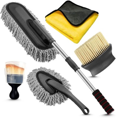 QOAL Microfiber Duster, Cleaning Brush 2 Pcs, 600 GSM Towel, Car Cleaning Kit 5pcs Combo