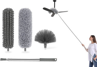 INDIWARRIOR 3 in 1 Microfiber Feather Duster With Bendable & Extendable Fan Cleaning Brush Wet and Dry Duster Set