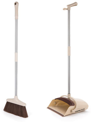 rujave Stand Up Broom Brush and Dustpan Set Upright Stand Up Long Handle Plastic Dustpan(Brown)