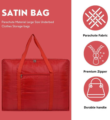 Ankit International Premium Satin Quilt Storage Bag for Blankets & Sarees | Large Foldable Organizer with Zip & Front Pocket | Travel Friendly | Pack of 01 AI-QSBB-184(Red)