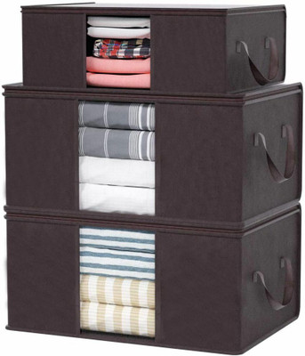 IMCREATIONS Combo Of 3 Underbed Storage Bag With Side Handles, Organizer Blanket Cover with a large Transparent Window Storage Organizer Blanket Storage Bag for Wardrobe(Brown)