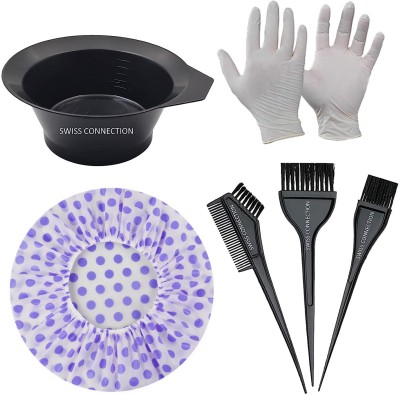 Swiss Connection Hair Color Brush and Bowl Set 7Pcs Bowl, Hair Dye Brush, Coloring Cape, Gloves BLACK Hairdye Mixing Bowl(Yes)