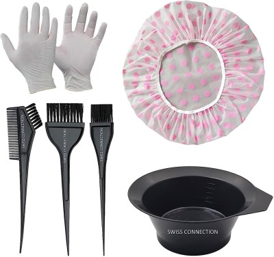 Swiss Connection Hair Color Brush and Bowl Set 7Pcs Bowl, Hair Dye Brush, Coloring Cape, Gloves BLACK Hairdye Mixing Bowl(Yes)