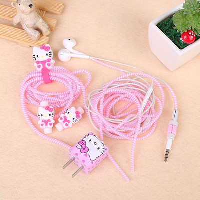 Epaal 8-in-1 Kitty Pink Spiral USB and Earphone Cable Protectors Winder, Sticker, Clips, Organizer Clip Earphone Cable Organizer