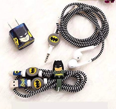 Epaal 8-in-1 (Black Batman Style) Spiral USB and Earphone Cable Protectors Winder, Sticker, Clips, Organizer Clip Earphone Cable Organizer