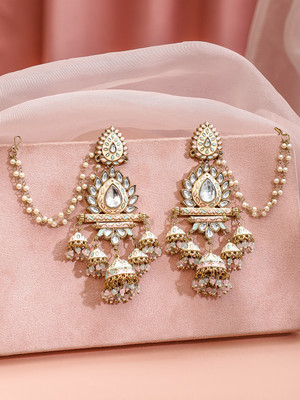 RUBANS 22K Gold-Plated Pastel Pink Enamel White Kundan Jhumka-Pearl Beading Ear Chain Brass Jhumki Earring