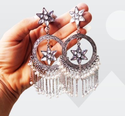 Raksha silver oxidised party wear long earrings for women fancy earrings for girls Pearl Alloy Drops & Danglers