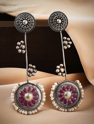 RUBANS Oxidised Silver Plated Handcrafted Ruby Stone with White Pearls Drop Earrings Alloy Drops & Danglers