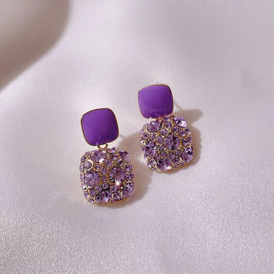 PIXFLIK Purple Square Crystal Rhinestone Elegant Diamond Earrings Alloy Stud Earring