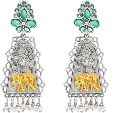 Shining Jewel Matte Dual Two Tone Plated Oxidixed Pearl & Elephant Design Drop Long Brass Drops & Danglers