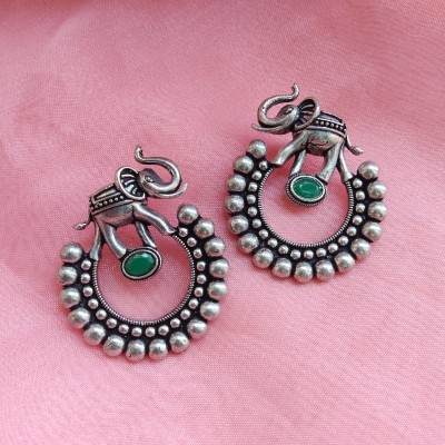 Rudraa Jewels Oxidised Silver Plated Elegant Elephant Green Quartz Designer Stud Earrings Quartz German Silver Stud Earring