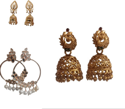 TINALIVA Golden Traditional Peacock & Kundan Jhumka Earring Combo Set Cubic Zirconia Alloy Jhumki Earring, Drops & Danglers, Chandbali Earring