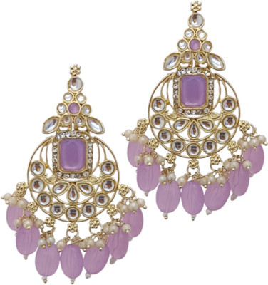 EVY Purple CZ Monalisa Stones Kundan Pearls Chandbali Earrings Set Cubic Zirconia Copper Chandbali Earring