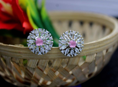 SHAAJ Crystal Flower Stud Earrings with Pink Center Stone, Cubic Zirconia Crystal, Cubic Zirconia, Swarovski Crystal, Swarovski Zirconia, White Zircon, Zircon Silver, Stainless Steel Drops & Danglers, Earring Set, Stud Earring