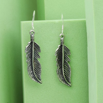 Maira Antique Leaf design Drop 925 Sterling Silver Hoop Earring